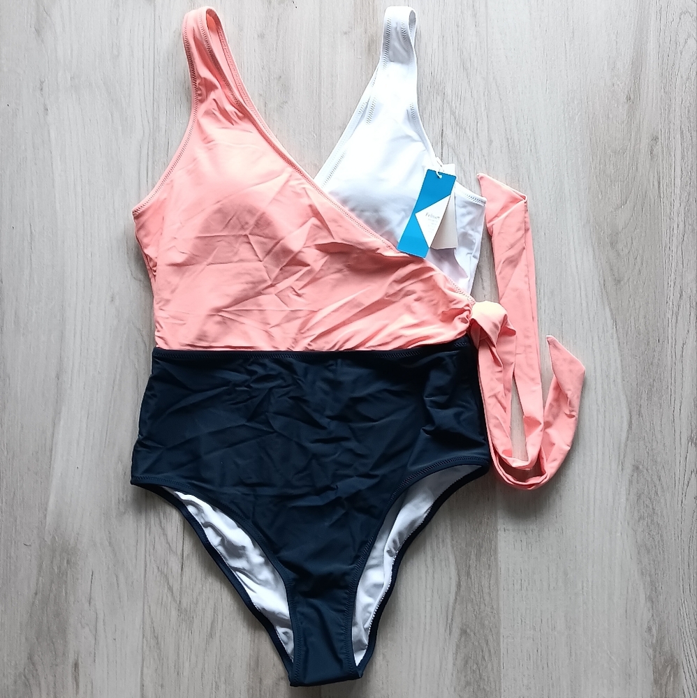 New Felnart Swim Suit One-Piece Tank Built-in Bra Sport Blue Pink White Large